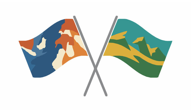 Dynamic crossed flags with abstract country silhouettes modern minimal vector graphic design