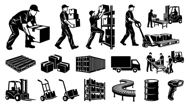 Warehouse and Logistics Icons: Workers, Forklift, Pallet, Truck, Scanner, Barrels