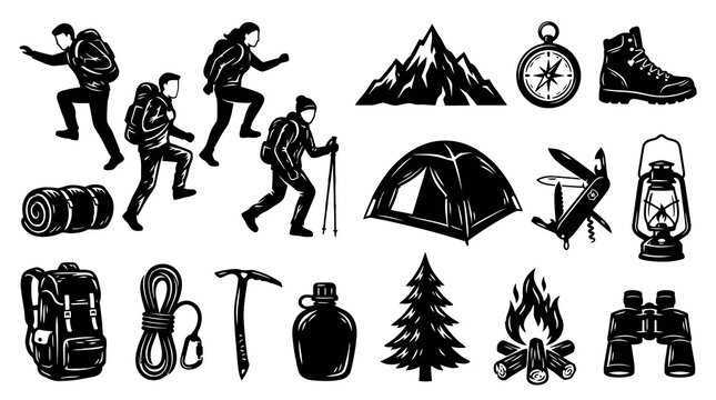 Outdoor Adventure Camping Hiking Gear Set Vector Black White Icons