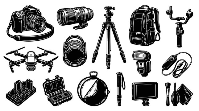 Photography  Filmmaking Camera Equipment, Lenses, Drone, Tripod - Black  White Engraving Style