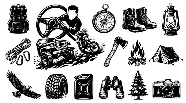 Outdoor Adventure, Camping, and Off-Road Engraving Style Monochrome Vector Icons Set