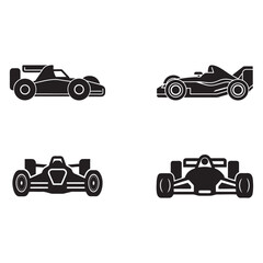 Fototapeta premium Four black race cars in different angles on white background racing vehicles speed fast cars