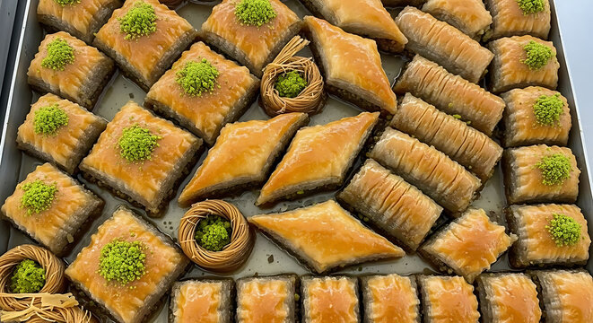 Baklava pastry squares topped with bright green crushed pistachios fill a metallic serving tray.