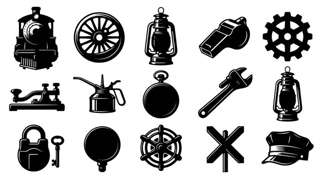 Vintage Railway Transport Black and White Glyph Icons Set. Classic Train Elements Collection.