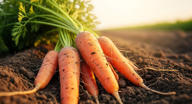 Freshly harvested organic carrots with green leaves lying on the fertile soil of a vegetable farm at sunset healthy root vegetables in agricultural field