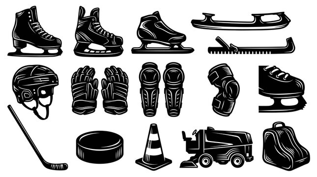 Retro Black and White Ice Hockey Sports Equipment Vector Illustration Set including Skates, Gear, Puck, and Zamboni