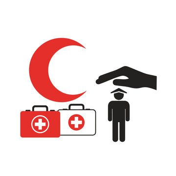 Medical assistance icon set featuring a red crescent first aid kits and protective hand gesture.