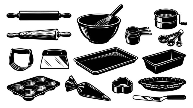 Monochrome Baking Tools Vector Set: Essential Kitchen Utensils  Bakeware for Confectionery and Food Industry Line Art Collection