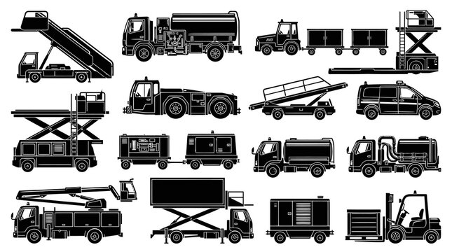 Aviation Ground Support Vehicles  Equipment Glyph Set - Black Silhouette Icons