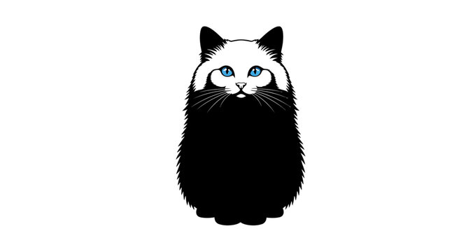 Fluffy black and white cat vector illustration with blue eyes