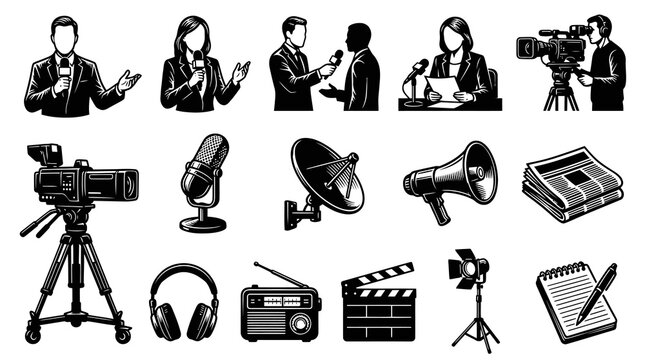 Media and News Black and White Engraving Style Icons Set. Broadcasting, Journalism, and Reporter Tools Vector Line Art Collection.