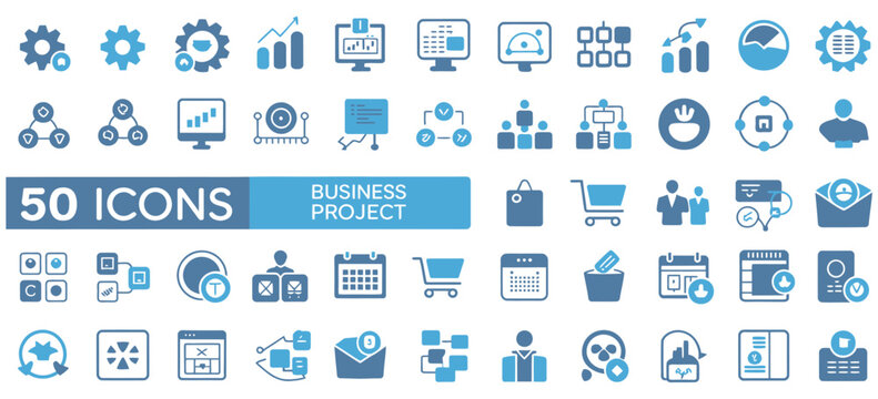 Fifty blue business project icons for corporate strategy and professional management tasks