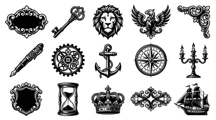 Obraz premium Black White Engraving Style Vector Illustration. Vintage Design Elements Icons Set: Heraldry, Nautical, Steampunk, Royal Symbols.