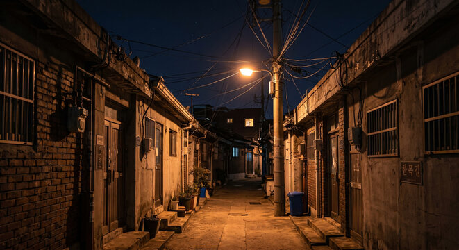 Quiet Local Korean Alleyway illuminated by Street Lamp at Night