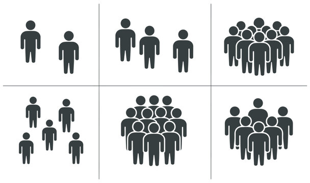 Collection of people group icons representing different crowd sizes and social gatherings