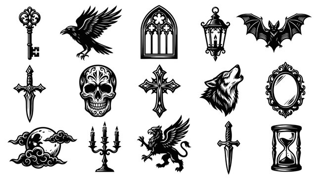 Gothic Fantasy and Halloween Black  White Engraving Line Art Icon Set with Occult Symbols