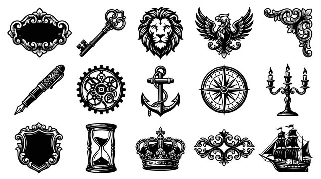 Black  White Engraving Style Vector Illustration. Vintage Design Elements Icons Set: Heraldry, Nautical, Steampunk, Royal Symbols.