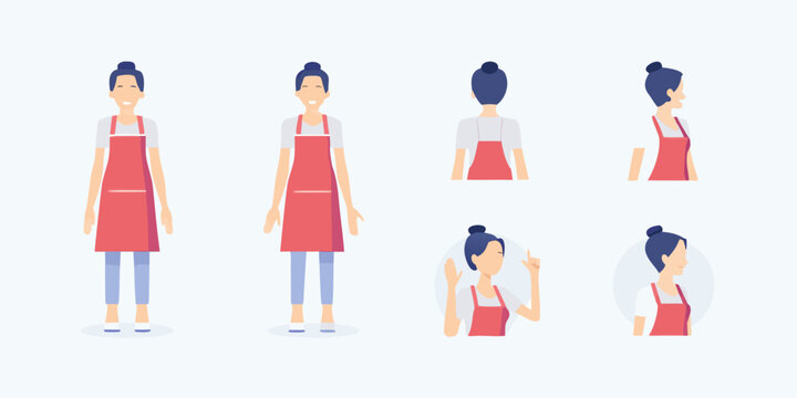 woman in red apron character set in multiple poses vector illustration