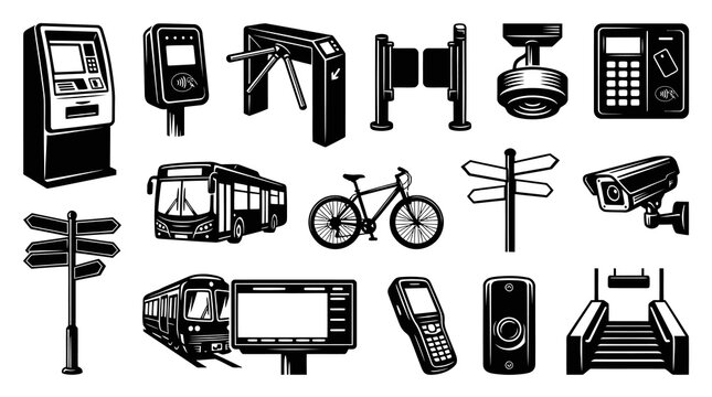 Monochrome Vector Icons: Urban Transportation, Public Security, and City Infrastructure Elements Set