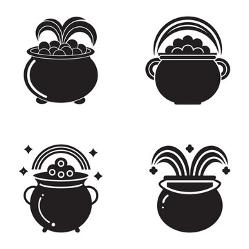 Four black silhouettes of cauldrons with various designs and elements on white background  magic pot symbols with rainbow and bubbles  witchcraft and fantasy icons