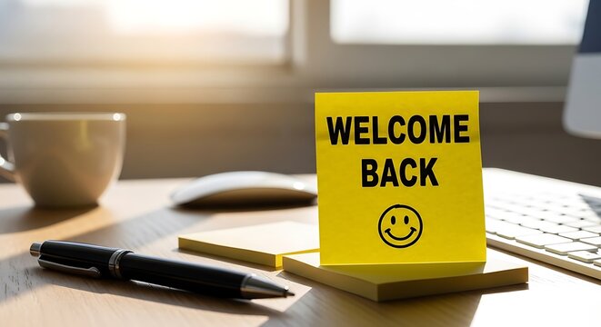 Welcome back note on wooden desk with coffee, pen, and keyboard in warm morning light