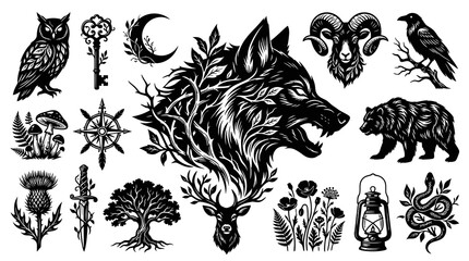Fototapeta premium Black and White Mystical Nature Elements: Owl, Wolf, Deer, Bear, Snake, Plants