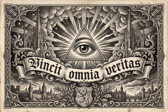 Vincit Omnia Veritas gothic phrase, Vintage illustration of an eye symbol with rays and Latin text  