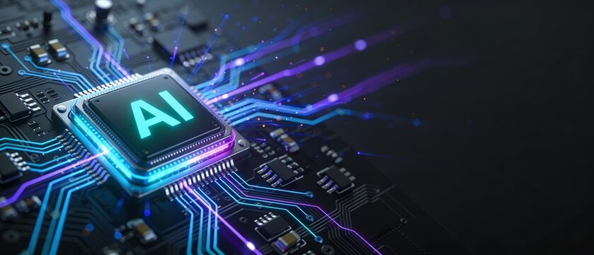 A close-up view of a microchip with AI on a circuit board with glowing blue and purple lines.