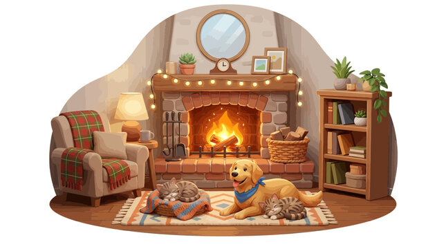 Cozy living room scene with dog and cat by the fireplace at home