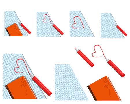 Vector set of stationery elements including squared paper sheets, orange notebooks, and red pencils drawing hearts