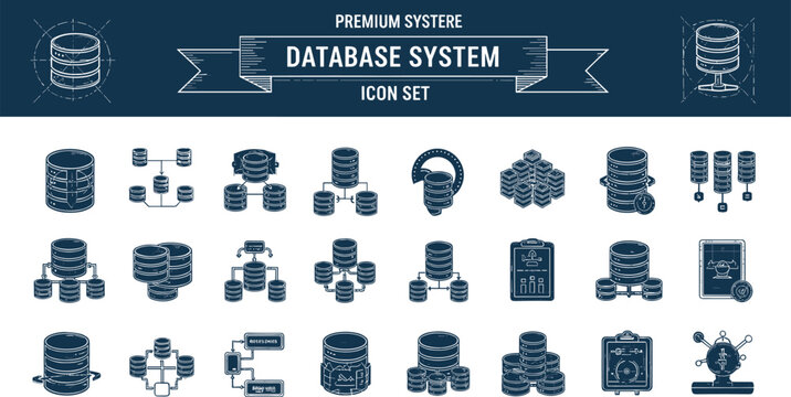 Database system infrastructure storage cluster replication architecture monitoring analytics workflow technology outline icon set editable vector collection pack