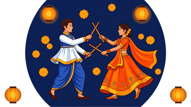 Indian Navratri festival Dandiya Raas dance couple with crossed sticks vector illustration