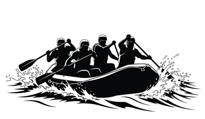 silhouette of a rowing team in a raft with splashing water black and white illustration high quality professional detailed modern elegant stylish clean crisp © ARSM D