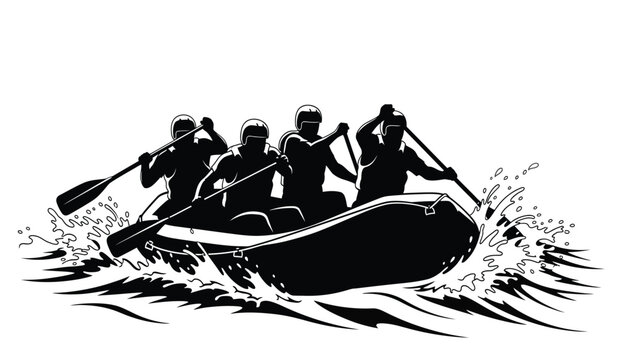 silhouette of a rowing team in a raft with splashing water black and white illustration high quality professional detailed modern elegant stylish clean crisp