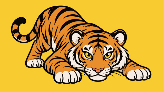 Alert baby tiger cub crouching and looking ahead with a focused expression on a bright yellow background