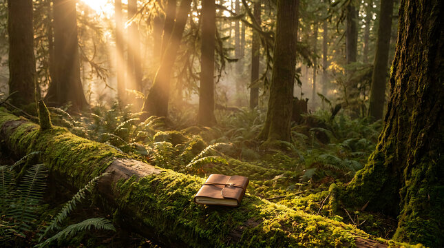 An old leather journal rests on a moss-covered fallen log in a sun-dappled forest, inviting moments of reflection.