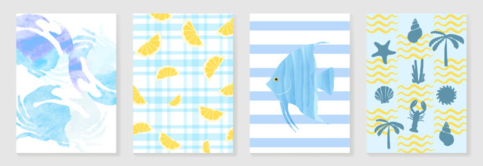 Watercolor summer marine poster and pattern set vector. Blue crab, lemon plaid, tropical fish, seashell, lobster, palm tree and wave background design for video template, beach banner and travel ad