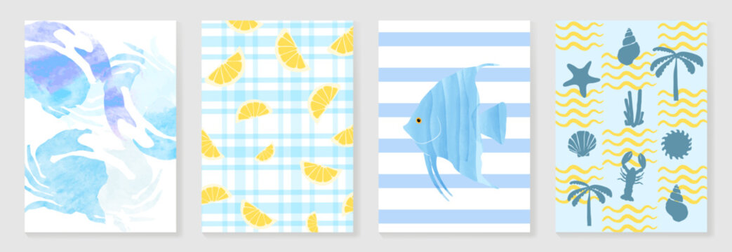 Watercolor summer marine poster and pattern set vector. Blue crab, lemon plaid, tropical fish, seashell, lobster, palm tree and wave background design for  video template, beach banner and travel ad