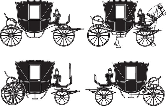 Vintage Horse Drawn Carriages Isolated Vector Illustrations Showing Different Styles