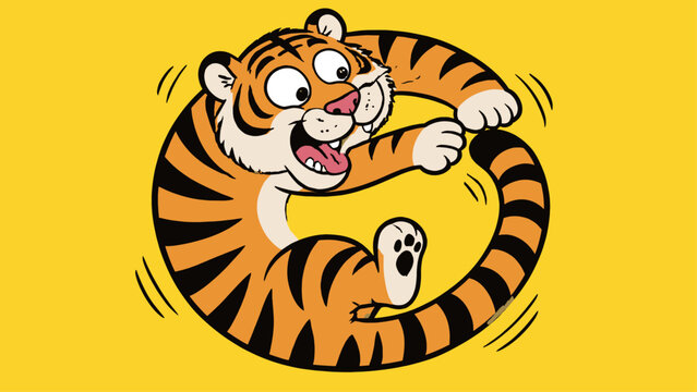 Funny tiger cub chasing its own tail in a circular motion with a dizzy and playful facial expression