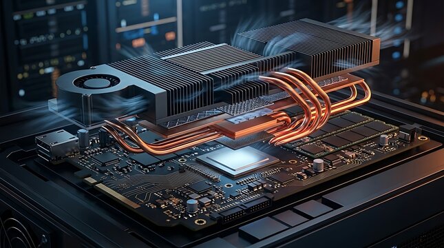 Advanced computer processor cooling system with heat pipes and fan on a dark circuit board background, high tech concept, technological innovation.