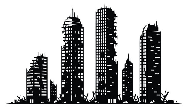 black silhouette of a modern city skyline with high rise buildings and a destroyed urban landscape high quality professional detailed elegant stylish clean crisp