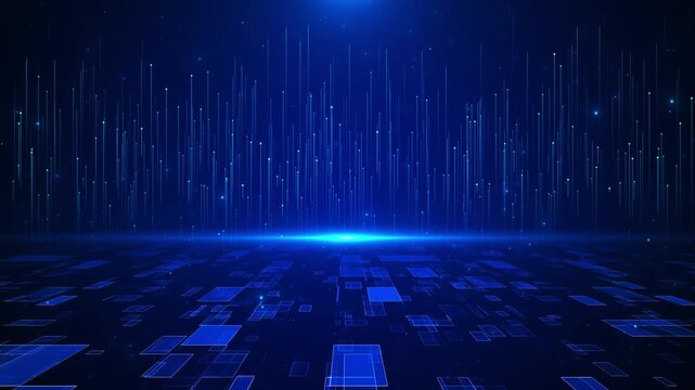 Blue digital data landscape vertical light lines, glowing horizon, futuristic grid floor, floating particles. for AI videos, technology promos, software intros, data visualization, and cyber overlays.