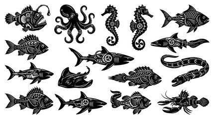 Obraz premium Steampunk Marine Life Vector Art: Fish, Octopus, Seahorses, Crab, Eel