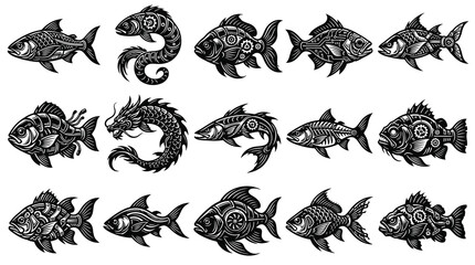 Obraz premium Steampunk Fish Vector Art: Mechanical Marine Life Illustrations