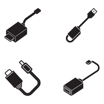 Four different types of electronic connectors and cables for device connections  various adapter and charger cables