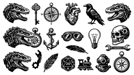 Obraz premium Steampunk and Fantasy Mechanical Objects Collection in Black White Engraving Style Vector Set