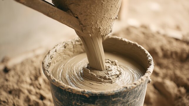Wet concrete is poured from a mechanical mixer into a plastic bucket at a construction site.