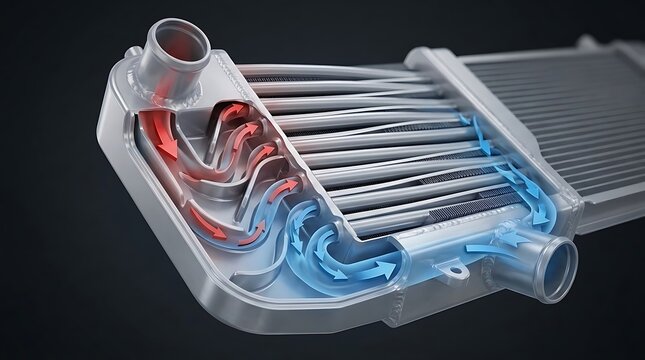 Detailed 3D illustration of an automotive intercooler demonstrating airflow and heat exchange processes with internal mechanisms visible