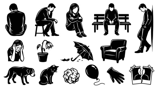 Sadness Depression Loneliness Icons Black White Vector Art